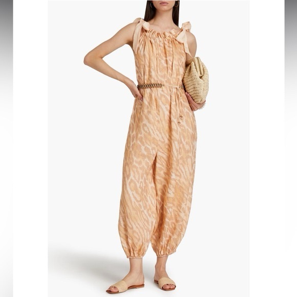 Zimmermann boho linen jumpsuit w shoulder ties beaded belt in Pale Leopard US 4